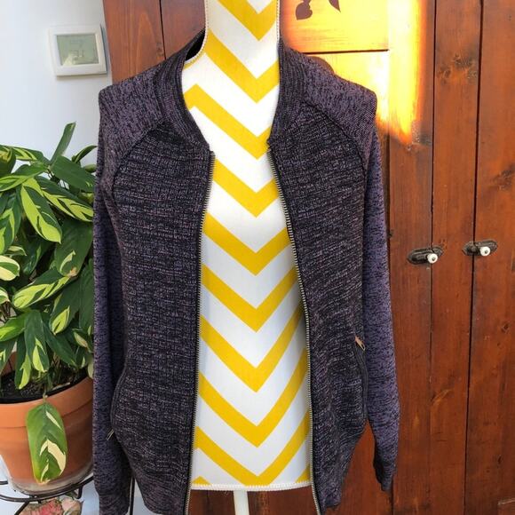 Free People Sweater Women Medium Heather Dark Purple Bomber Jacket Zip Front - Picture 2 of 16